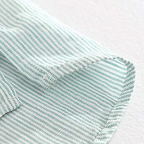 TUDUZ Camisetas Hombre Manga Corta Camisas de Algodón y Lino a Rayas Botón con Bolsillo Superior Top Ropa de Cuello V (Verde L)