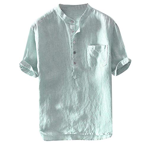 TUDUZ Camisetas Hombre Manga Corta Camisas de Algodón y Lino a Rayas Botón con Bolsillo Superior Top Ropa de Cuello V (Verde L)