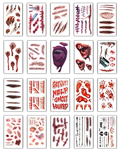 Tuopuda 20 hojas Halloween Zombie Cicatrices Tatuajes Pegatinas con Falso Scab Sangre Especial Fx Costume Maquillaje Props Tatuajes Temporales (20 patrones diferentes*1)