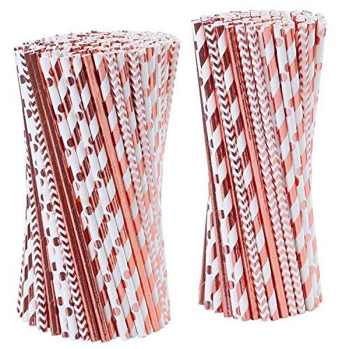 Tupa 100 Piezas Pajitas de Papel de Oro Rosa Pajitas de Papel Desechables Papel de Aluminio Biodegradable Pajitas de Papel de Rayas y Oro Sólido para Fiestas de Bbodas Decoraciones (100)