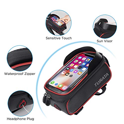 TURATA Bolsas de Bicicleta, Bolsa Impermeable para Bicicleta, Bolsa Táctil de Tubo Superior Delantero con Orificio para Auriculares para Teléfono Inteligente por Debajo de 6,5 Pulgadas (Rojo)