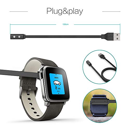 TUSITA Cargador para Pebble Time,Time Steel,Time Round,Pebble 2+,Pebble 2SE - Cable de Carga USB 100cm Pinza de la Base - Reloj Inteligente Accesorios (1-Pack)