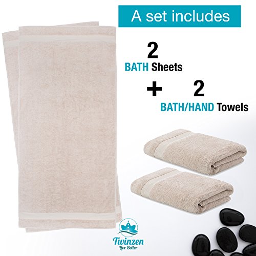 Twinzen Juego de 2 Toallas de Manos y 2 Toallas de Baño, de 100% Algodón, Sin Productos Químicos- Certificado Oeko Tex - Muy Absorbente Casa, Cuarto de Baño, Centro Deportivo, Gimnasio, Piscina