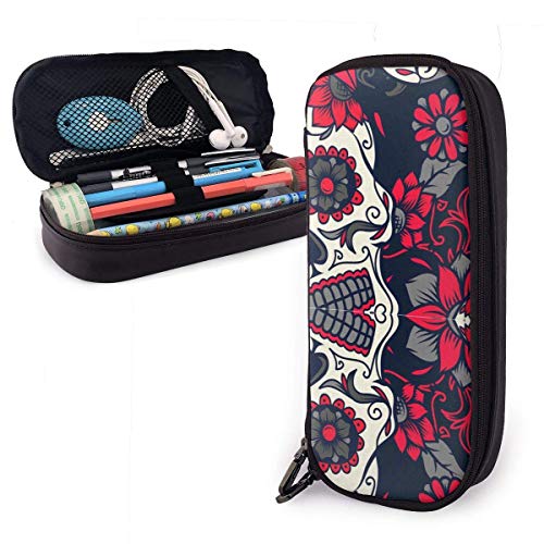 TYHYT estuche Pink Sugar Skull Flowers Leather Pencil Case for Adults and Students,Pen Case Makeup Pouch for Purse Zipper Pouch for Pencils Pens Markers