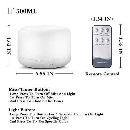 UBEGOOD Humidificador, Humidificador Ultrasónico Control Remoto Aroma Difusor purificador de Aire con LED de 7 Colores de para luminoterapia en el Hogar, Oficina, SPA, Bebé (300ml)