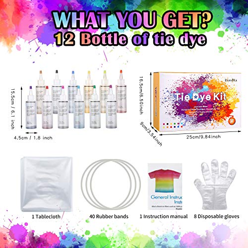 Ucradle 12 colores Tie Dye Kit, Neón Pinturas Textiles de Tela Permanentes Conjunto de Tinte Tie Tie de un Solo Paso Camisa Tela Tinte Duministros No Tóxicos Moda de Bricolaje para Niños, Adultos