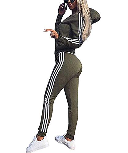 udaderas Mujer Conjunto de Chándal de Mujer Camisas Fitness Manga Larga Casual Jersey Chaqueta Hoodie&Pantalones (Verde, Small)