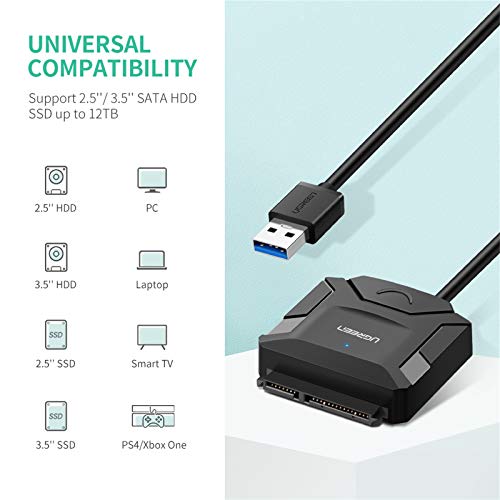 UGREEN Adaptador de USB 3.0 a SATA III con UASP, Cable SATA USB para 3,5" 2,5" HDD SDD, Lector Discos Duros, Comaptible con PC, Macbook, PS4, Xbox One, 16 TB MAX (12V Adaptador de Corriente Incluido)
