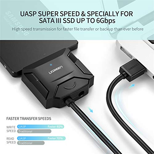 UGREEN Adaptador de USB 3.0 a SATA III con UASP, Cable SATA USB para 3,5" 2,5" HDD SDD, Lector Discos Duros, Comaptible con PC, Macbook, PS4, Xbox One, 16 TB MAX (12V Adaptador de Corriente Incluido)