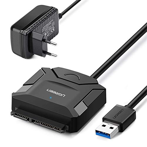 UGREEN Adaptador de USB 3.0 a SATA III con UASP, Cable SATA USB para 3,5" 2,5" HDD SDD, Lector Discos Duros, Comaptible con PC, Macbook, PS4, Xbox One, 16 TB MAX (12V Adaptador de Corriente Incluido)