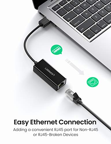 UGREEN Adaptador USB a Ethernet RJ45, Adaptador Tarjeta de Red LAN Ethernet 100Mbps a USB 2.0 para Nintendo Switch, XiaoMi Mi Box S, Mi Box 3, Macbook Pro, Macbook Air, Wii, WiiU, Chromecast (Negro)