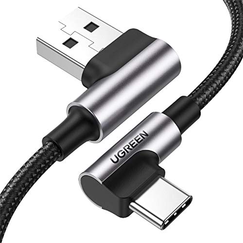 UGREEN Cable USB Tipo C 90 Grados a USB A 2.0 Cable Codo Nylon Trenzado Carga Rápida para Móvil USB C Samsung Note S20 S10 S9 A50 A70 S8, Xiaomi Redmi 9 Note 7 8 Mi 9 Mi A3 A2, BQ Aquaris X, 0,5 Metro
