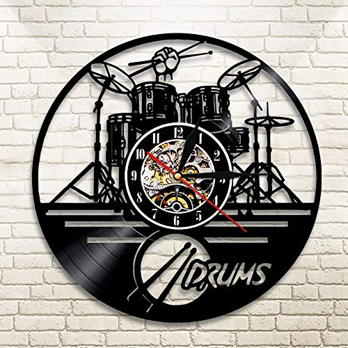 UIOLK Guitarra batería Set Silueta LED retroiluminación música Vinilo Reloj de Pared 3D Reloj de Pared Reloj Banda Miembro Fan Regalo