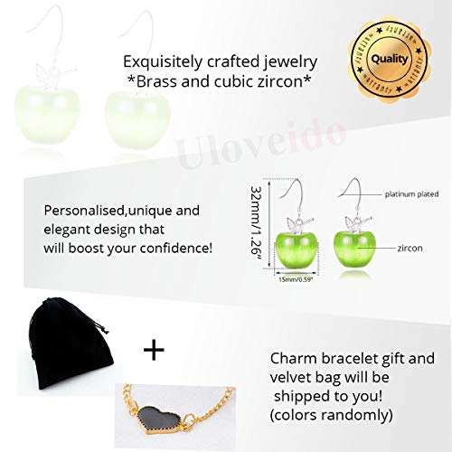 Uloveido Piedra de cristal verde claro Pendientes de manzana chapados en oro blanco Pendientes de espárragos para mujeres Orejas sensibles con caja de regalo YL007-E