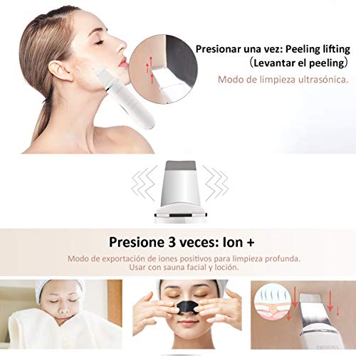 Ultrasonic Skin Scrubber Ultrasónico Piel Limpieza Facial Skin Scrubber Wolady 4 in 1 USB Carga Ultrasonic Peeling Piel Masajeador Facial Extractor Blackhead Remover Poro Exfoliación Comedón Acné Piel