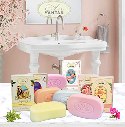 Un Air d’Antan® Pack x5 Jabon Tradicional Perfumado con Manteca de Karite Organico y Aceite de Argan Bio|4 Perfumes Originales Verbena, Rosa, Lirio de los Valles, Almendras |Formula Hidratante| 5x100g