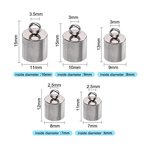 UNICRAFTALE 50pcs Extremos de Cable de Acero Inoxidable, Tapas de Extremos de Cable de Sujetadores de 6/7/8/9/10 mm, 5 Tamaños Extremo de Tubo de Superficie Lisa Extremo de Fabricación de Joyería