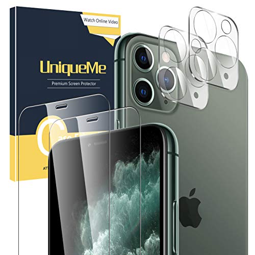 UniqueMe [2 Pack] Protector de Pantalla para iPhone 11 Pro [5.8 inch] [2 Pack] Protector de Lente de cámara para iPhone 11 Pro, Vidrio Templado [9H Dureza ] HD Film Cristal Templado