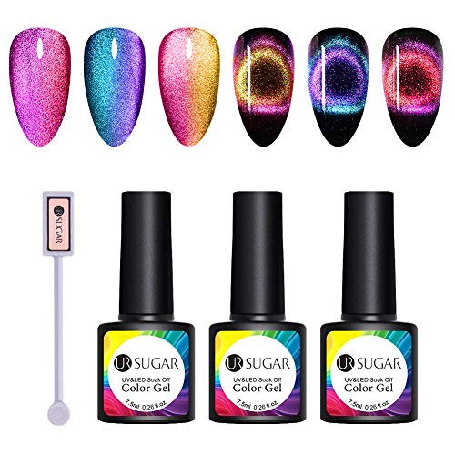 UR SUGAR 7,5ml Cat Eye Gel 9D Esmaltes Semipermanentes Uñas Ojo de Gato Camaleón 3pcs + 1pc Imán (Base Negra Necesaria)