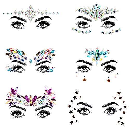 URAQT Gemas Faciales, Cara Gemas Brillo, 6 Juegos Cristales Cara Pegatinas, Joyas de Diamantes de Imitación para Ojos, Drillo de Gemas Faciales para Fiesta, Maquillaje de Festival