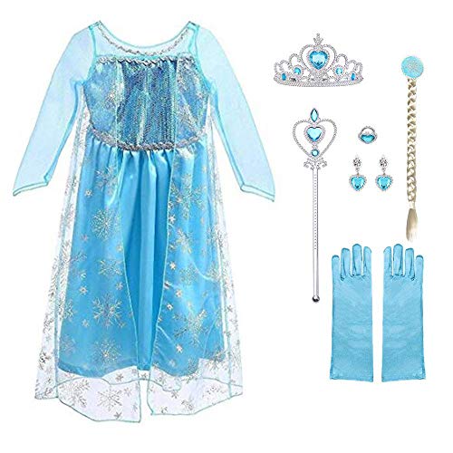 URAQT Vestido de Princesa Elsa, Reina Frozen Disfraz Elsa Vestido Infantil Niñas Costume Azul Cosplay de Disney Disfraz de Halloween, Cumpleaños, Carnaval y la Fiesta (130) Azul