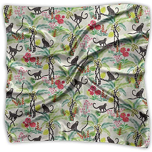 Uridy Pañuelo de raso cuadrado Mono y árbol de coco Seda como pañuelos ligeros Pañuelo para la cabeza Chal Pañuelo en la cabeza