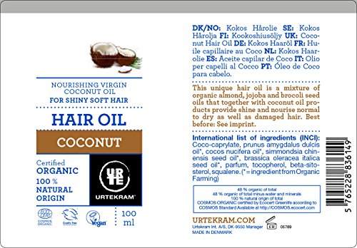 Urtekram Aceite cabello de Coco BIO, cabello suave y brillante, 100 ml