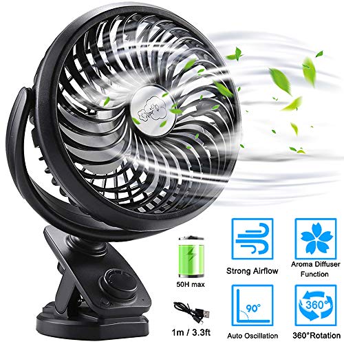 USB Ventilador de Mesa silencioso, Mini Clip Ventilador con Batería recargable de 5000mAh(Max. 50H), Oscilación automática, Ventilador personal portátil para Cochecito, Oficina, Cuna de Noche,Hogar