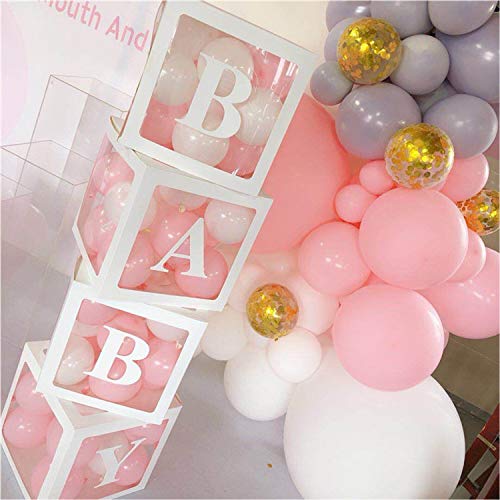 U&X - Cajas para baby shower con 36 globos, 4 cajas de globos cuadrados transparentes con letras de bebé, bloques de baby shower para fiestas temáticas, fiestas de cumpleaños, niñas y niños