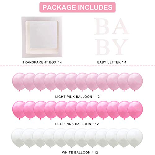 U&X - Cajas para baby shower con 36 globos, 4 cajas de globos cuadrados transparentes con letras de bebé, bloques de baby shower para fiestas temáticas, fiestas de cumpleaños, niñas y niños