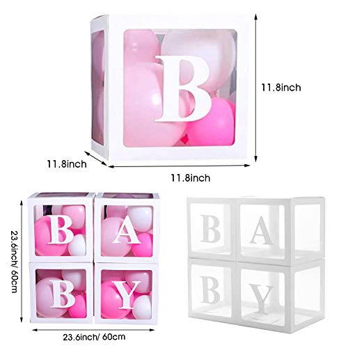 U&X - Cajas para baby shower con 36 globos, 4 cajas de globos cuadrados transparentes con letras de bebé, bloques de baby shower para fiestas temáticas, fiestas de cumpleaños, niñas y niños