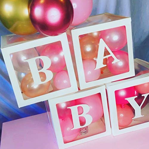 U&X - Cajas para baby shower con 36 globos, 4 cajas de globos cuadrados transparentes con letras de bebé, bloques de baby shower para fiestas temáticas, fiestas de cumpleaños, niñas y niños