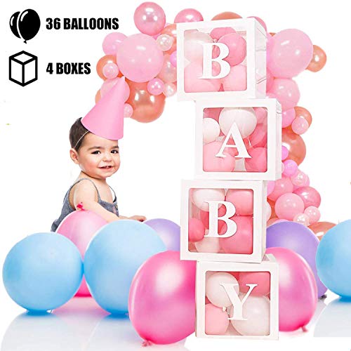 U&X - Cajas para baby shower con 36 globos, 4 cajas de globos cuadrados transparentes con letras de bebé, bloques de baby shower para fiestas temáticas, fiestas de cumpleaños, niñas y niños