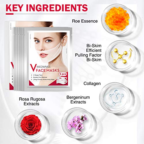 V Mascarilla, MEOWMEE Máscara V Line Reductor de Mentón Doble Mascarilla Intensiva de Elevación, Mascarilla Antiarrugas para Mentón para reafirmante Hidratante Rostro de cuello Paquete de 5