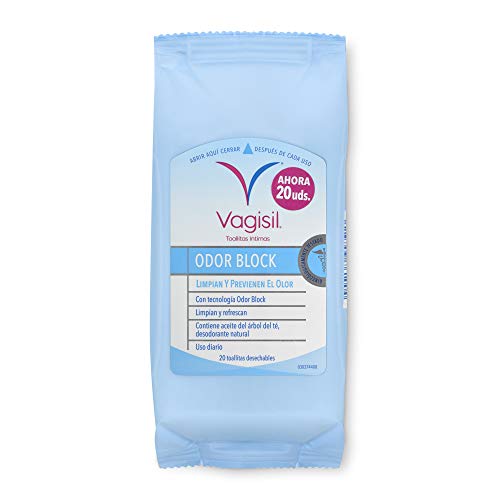 Vagisil, Toallitas íntimas para Mujeres ODOR BLOCK, Limpian y proporcionan protección contra el olor. Respeta el pH fisiológico. 10 unidades