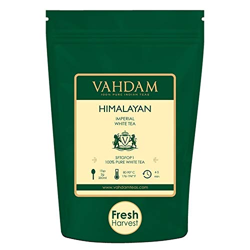 VAHDAM, Hojas de Té Blancas Imperiales de Himalaya (25 tazas) - Tipo de té más saludable del mundo - Hojas blancas de té sueltas - Té de desintoxicación y té adelgazante | te blanco ecologico, 50gr