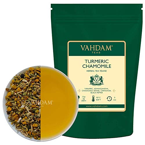 VAHDAM, Infusión de Manzanilla y Cúrcuma – Set de 2 (100g x2) | Cúrcuma Adelgazante + Camomila | CALMA y Mejora el SUEÑO | +100 Tazas: Tomar como Tisana Caliente o Té Frío | Hierbas 100% Naturales