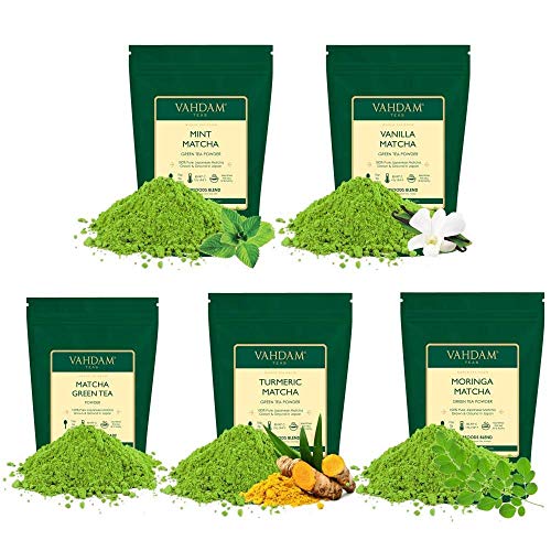 VAHDAM, Muestreador de Té Verde Matcha - 5 tés | Polvo de té Matcha de origen japonés puro 100% | 137x Anti-OXIDANTES | Energía, enfoque y metabolismo Booster | Té verde para bajar de peso