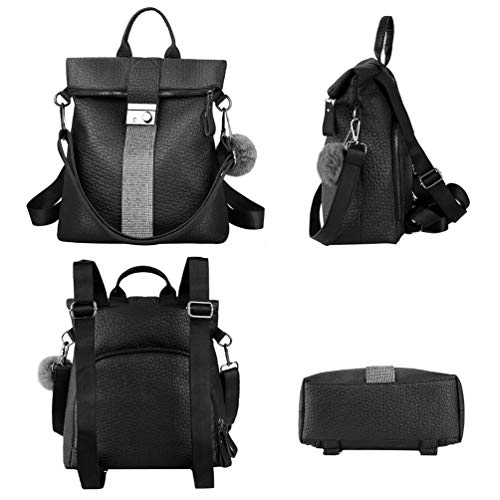 VBIGER Bolsos mochila mujer Antirrobo Mochila de Cuero PU Mano Mochilas Casual Bolsa Bandolera Messenger Bag Backpack (Negro)