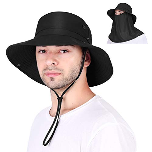 VBIGER Sombrero de Sol Protección UV para el Verano Ala Ancha Pesca Plegable Sombreros con Solapa Extraíble y Malla Transpirable (Negro)
