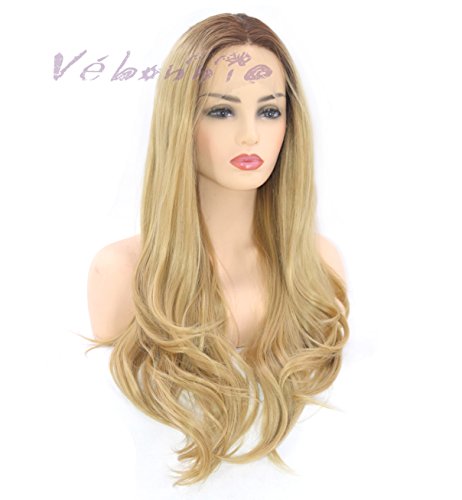 Vébonnie - Peluca para mujer con encaje frontal, color rubio miel con raíces oscuras, el mejor pelo sintético para un aspecto muy natural