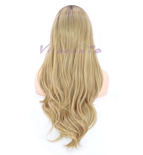 Vébonnie - Peluca para mujer con encaje frontal, color rubio miel con raíces oscuras, el mejor pelo sintético para un aspecto muy natural