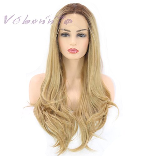 Vébonnie - Peluca para mujer con encaje frontal, color rubio miel con raíces oscuras, el mejor pelo sintético para un aspecto muy natural