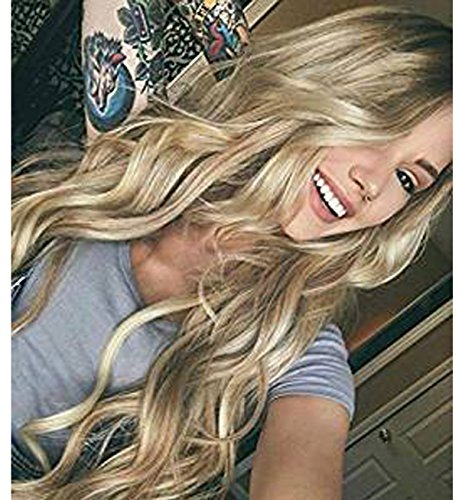 Vébonnie - Peluca para mujer con encaje frontal, color rubio miel con raíces oscuras, el mejor pelo sintético para un aspecto muy natural