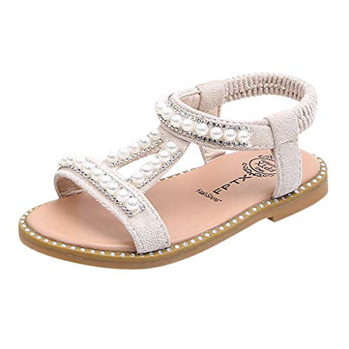 VECDY Sandalias Bebe Niña,Moda Linda Zapatillas Verano Bebés Niñas Perla Cristal Princesa Soltera Zapatos Romanos Sandalias Fresco Simple Antideslizante Casual para Fiestas, Bodas (Beige,30)