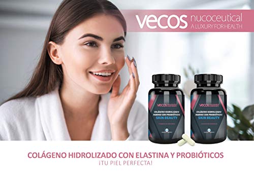 Vecos Skin Beauty - Elasticidad, luminosidad e hidratación para la piel – Colágeno hidrolizado marino con elastina y probióticos específicos para la salud de la dermis y anti arrugas – 100 cápsulas