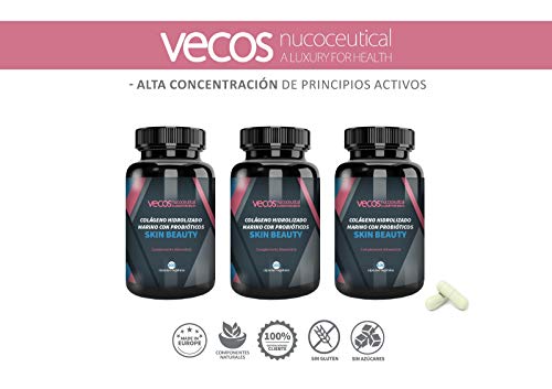 Vecos Skin Beauty - Elasticidad, luminosidad e hidratación para la piel – Colágeno hidrolizado marino con elastina y probióticos específicos para la salud de la dermis y anti arrugas – 100 cápsulas