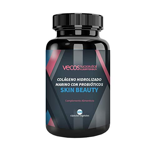 Vecos Skin Beauty - Elasticidad, luminosidad e hidratación para la piel – Colágeno hidrolizado marino con elastina y probióticos específicos para la salud de la dermis y anti arrugas – 100 cápsulas