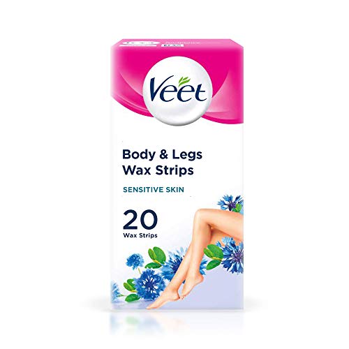 Veet - Bandas de cera depilatoria para pieles sensibles (con vitamina e y aceite de almendra, 20 unidades)