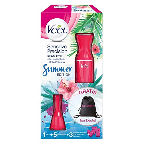 Veet Sensitive Precision Beauty Styler – Bikini Edition – El recortador de precisión para la cara y la zona del bikini – 1 unidad – 4 cabezales – 3 plantillas de silicona – Bolsa de deporte